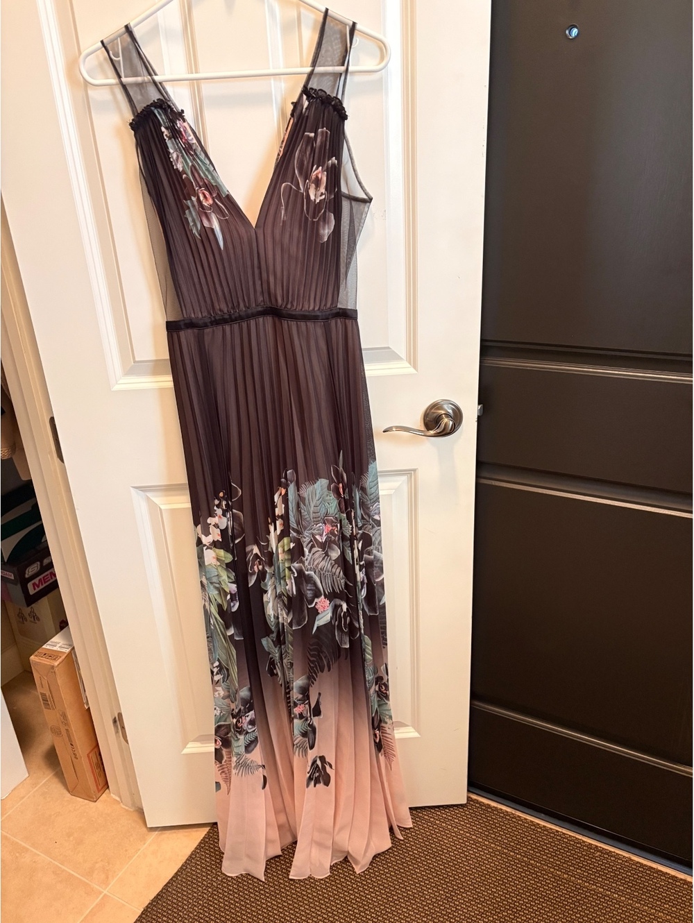 bebe Black and Pink Floral Pleated Maxi Dress Sheer Detail Size 6